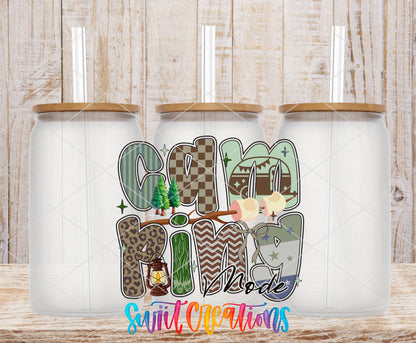 Camping Mode frosted glass tumbler mockup with bamboo lids and straws
