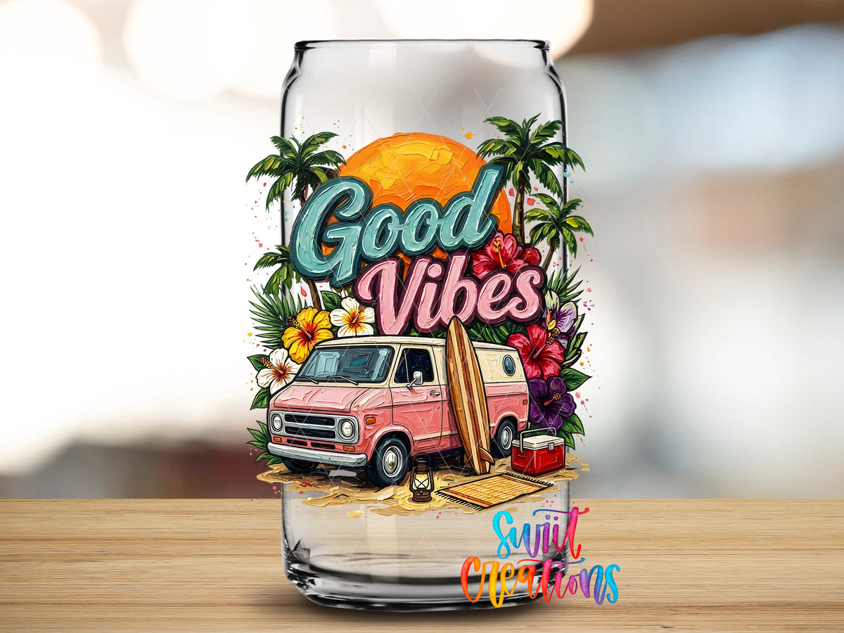 Good Vibes design close-up on a clear glass can tumbler