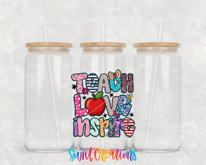 Teach Love Inspire clear glass tumbler group mockup with bamboo lids and straws