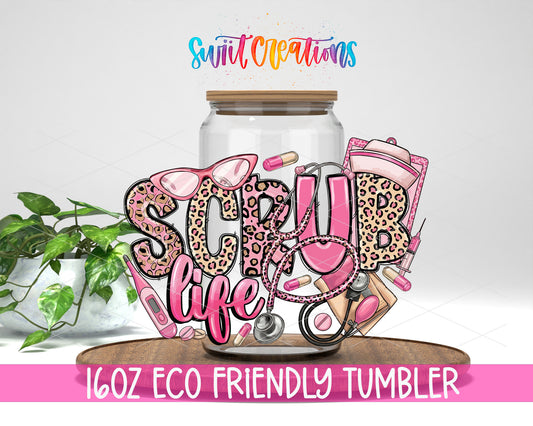 Scrub Life design on a 16 oz clear glass tumbler with bamboo lid