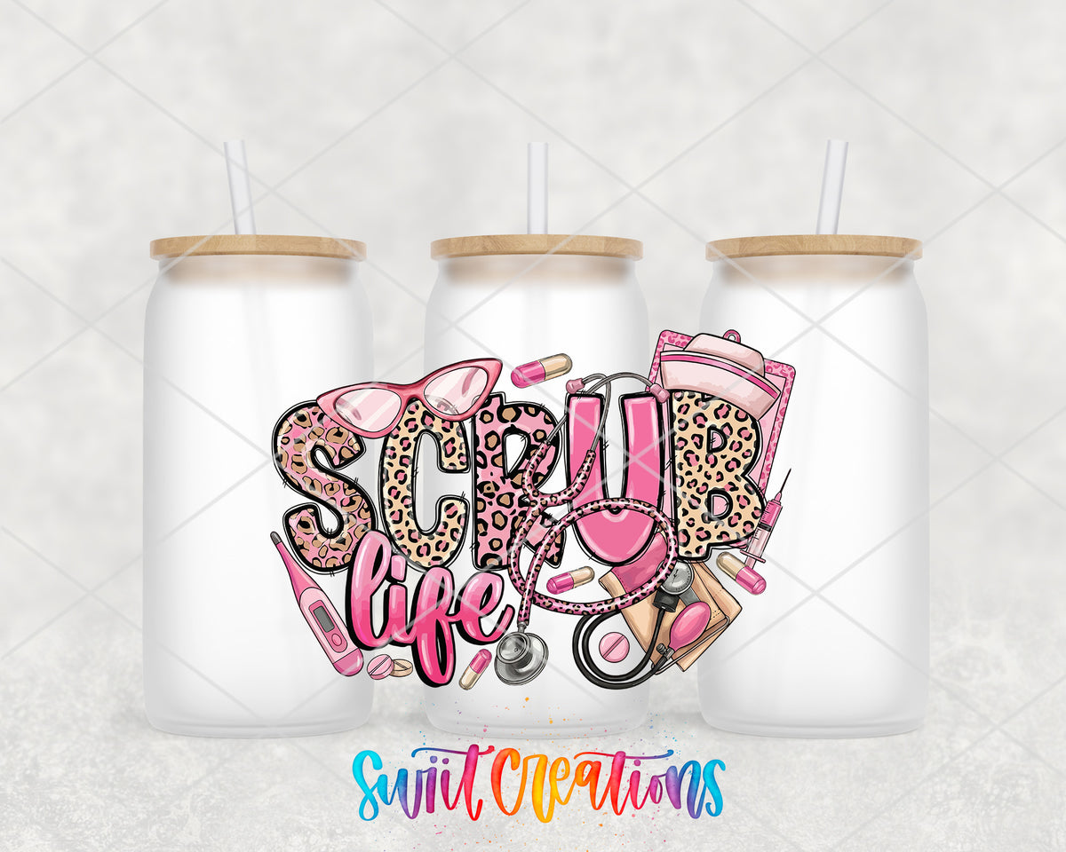 Scrub Life frosted glass tumbler group view with lids and straws