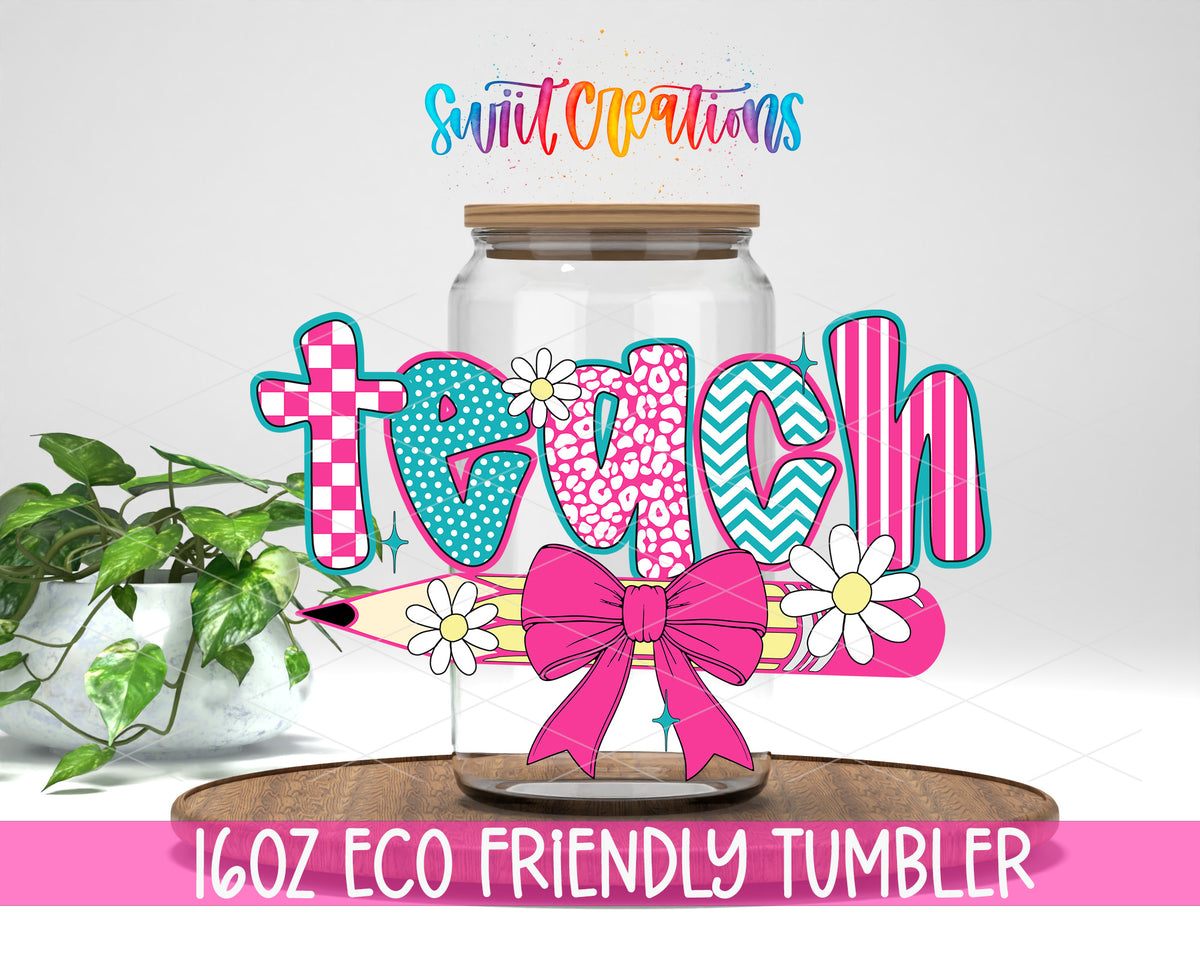 Teach design on a 16 oz clear glass tumbler with bamboo lid