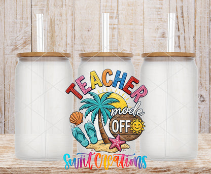 Teacher Mode Off frosted glass tumbler mockup with bamboo lids and straws