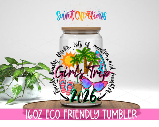 Girls Trip 2026 design on a 16 oz clear glass tumbler with bamboo lid