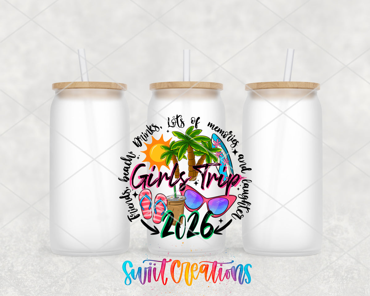 Girls Trip 2026 frosted glass tumbler group view with lids and straws