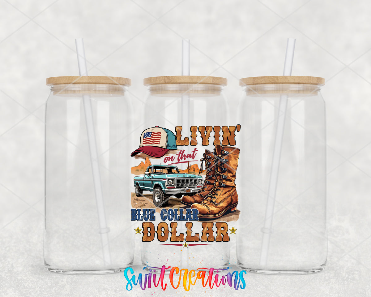Blue Collar Dollar clear glass tumbler group mockup with bamboo lids and straws