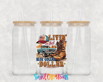 Blue Collar Dollar clear glass tumbler group mockup with bamboo lids and straws