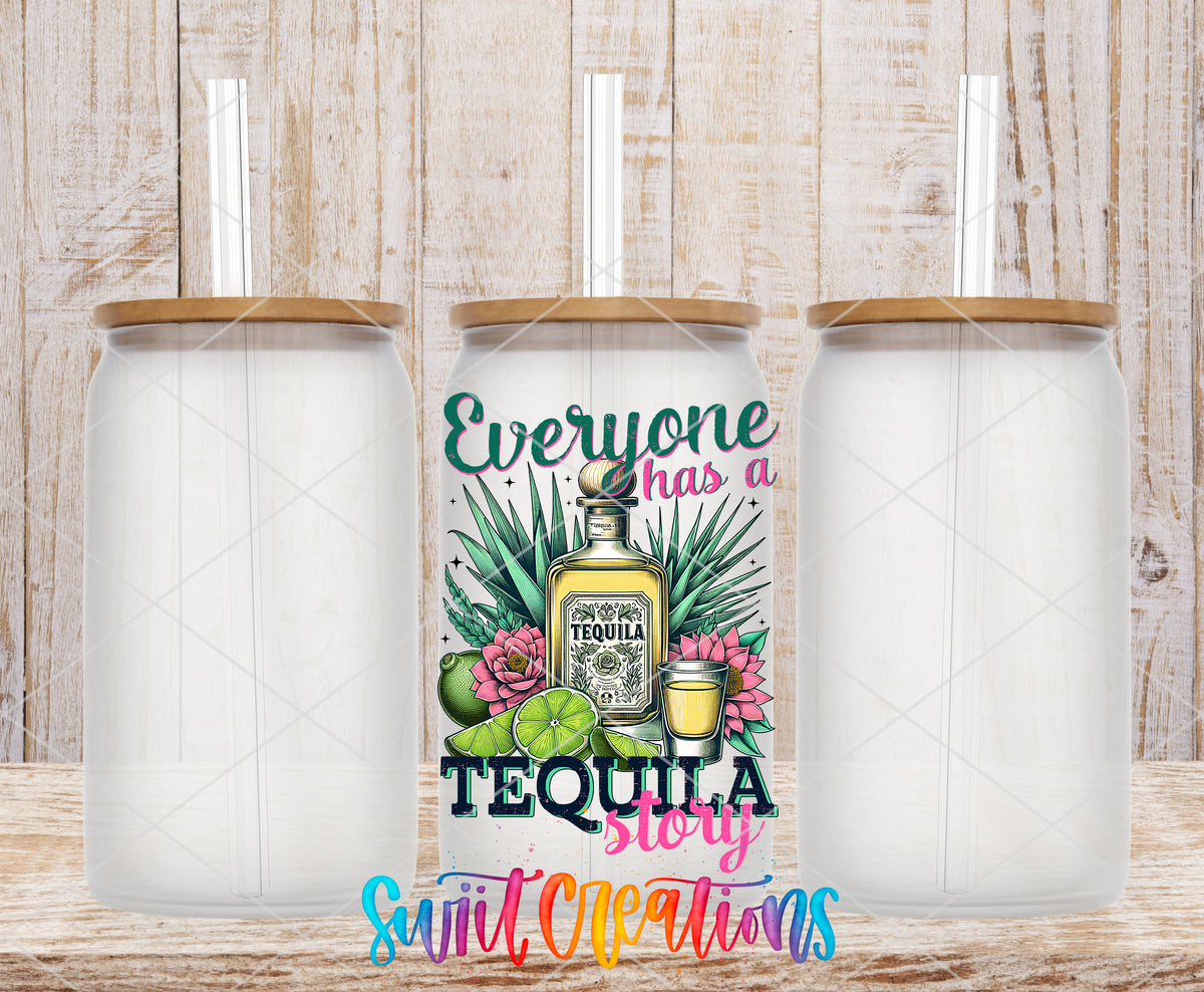 Everyone Has a Tequila Story frosted glass tumbler mockup with bamboo lids and straws