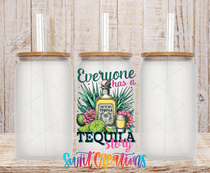 Everyone Has a Tequila Story frosted glass tumbler mockup with bamboo lids and straws