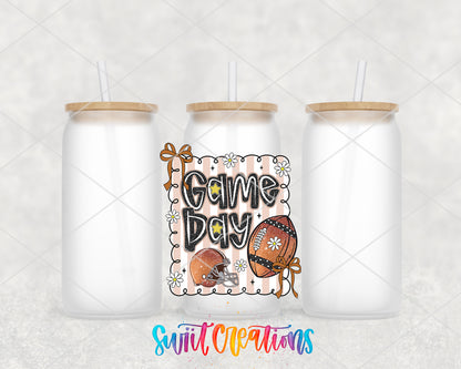 Football Game Day frosted glass tumbler group view with lids and straws