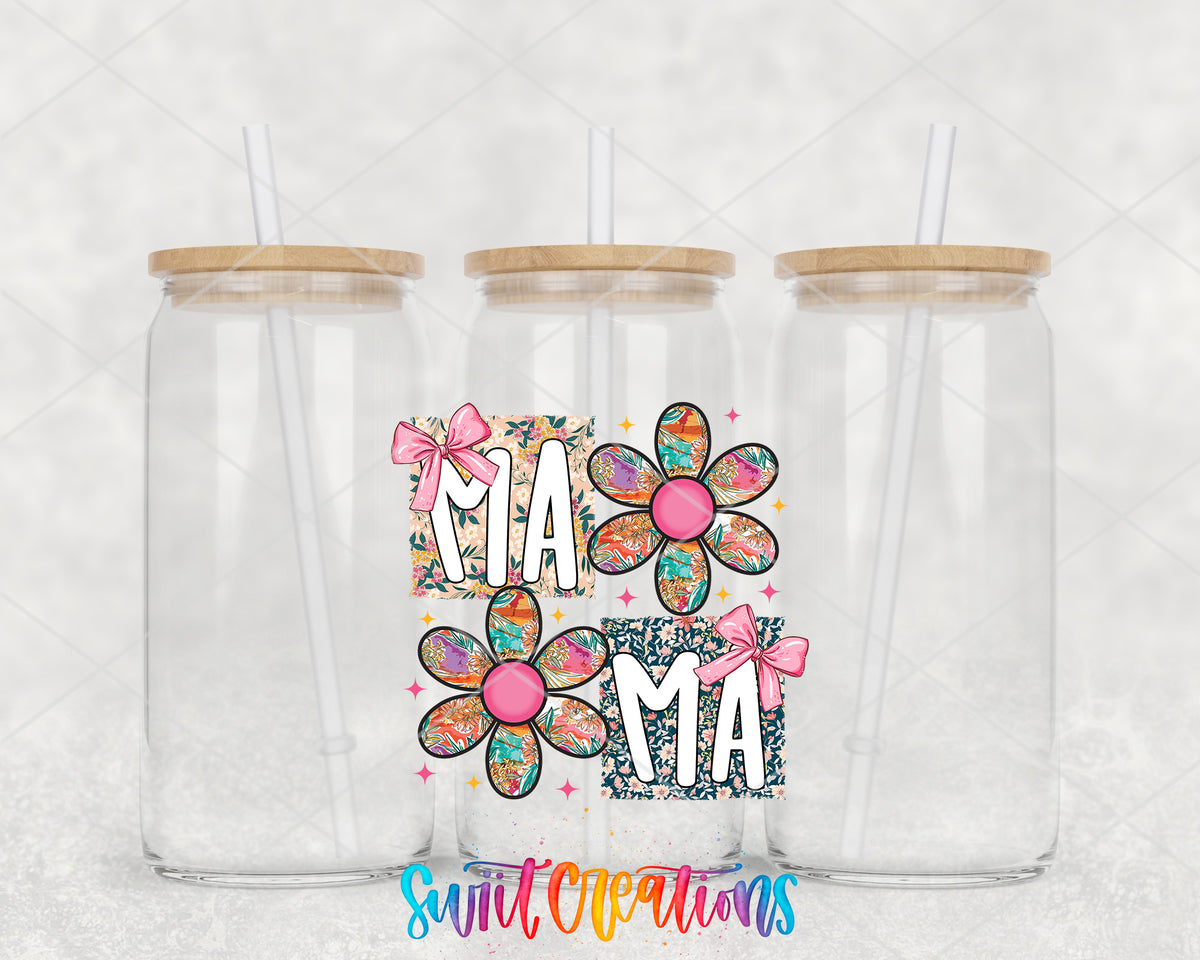Mama clear glass tumbler group mockup with bamboo lids and straws