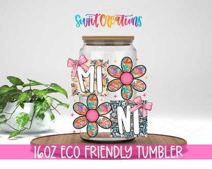Mini design on a 16 oz clear glass tumbler with bamboo lid