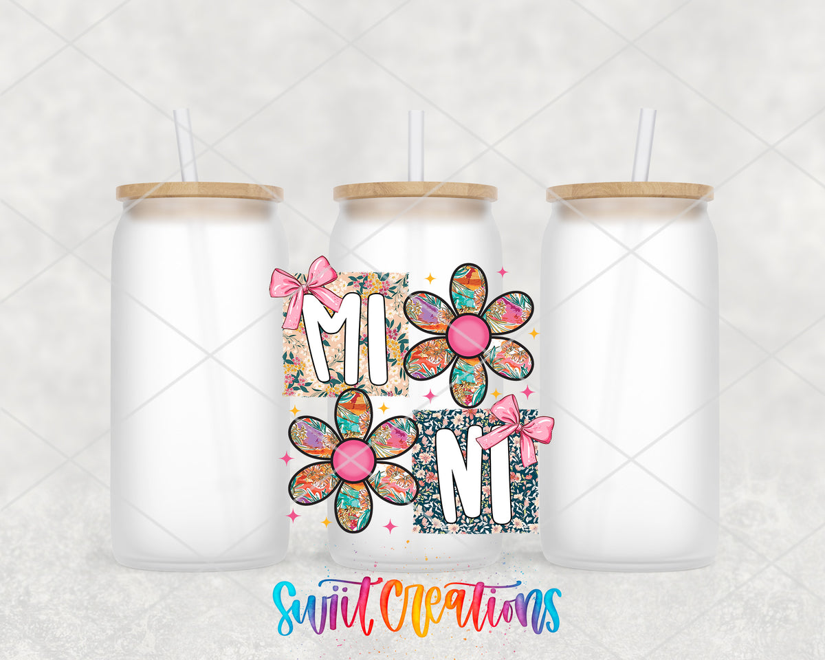 Mini frosted glass tumbler group view with lids and straws