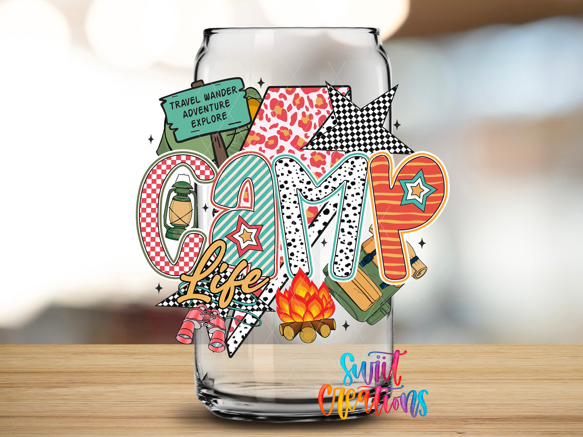 Camp Life design close-up on a clear glass can tumbler