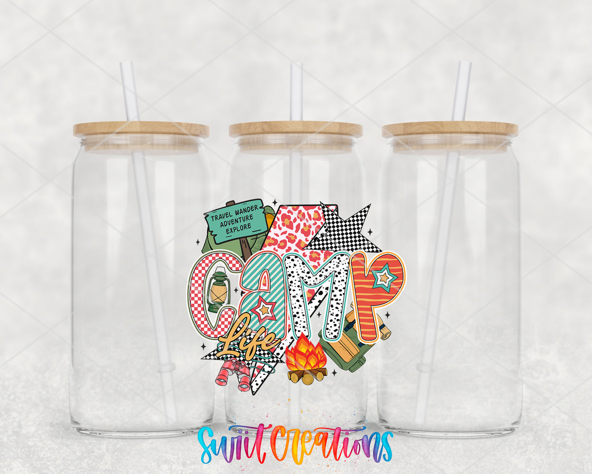 Camp Life clear glass tumbler group mockup with bamboo lids and straws