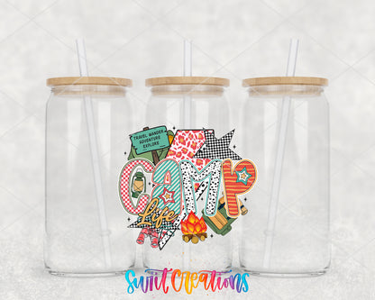 Camp Life clear glass tumbler group mockup with bamboo lids and straws