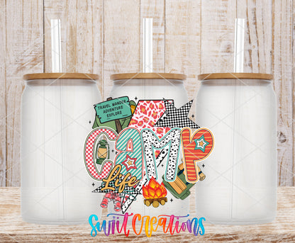 Camp Life frosted glass tumbler mockup with bamboo lids and straws