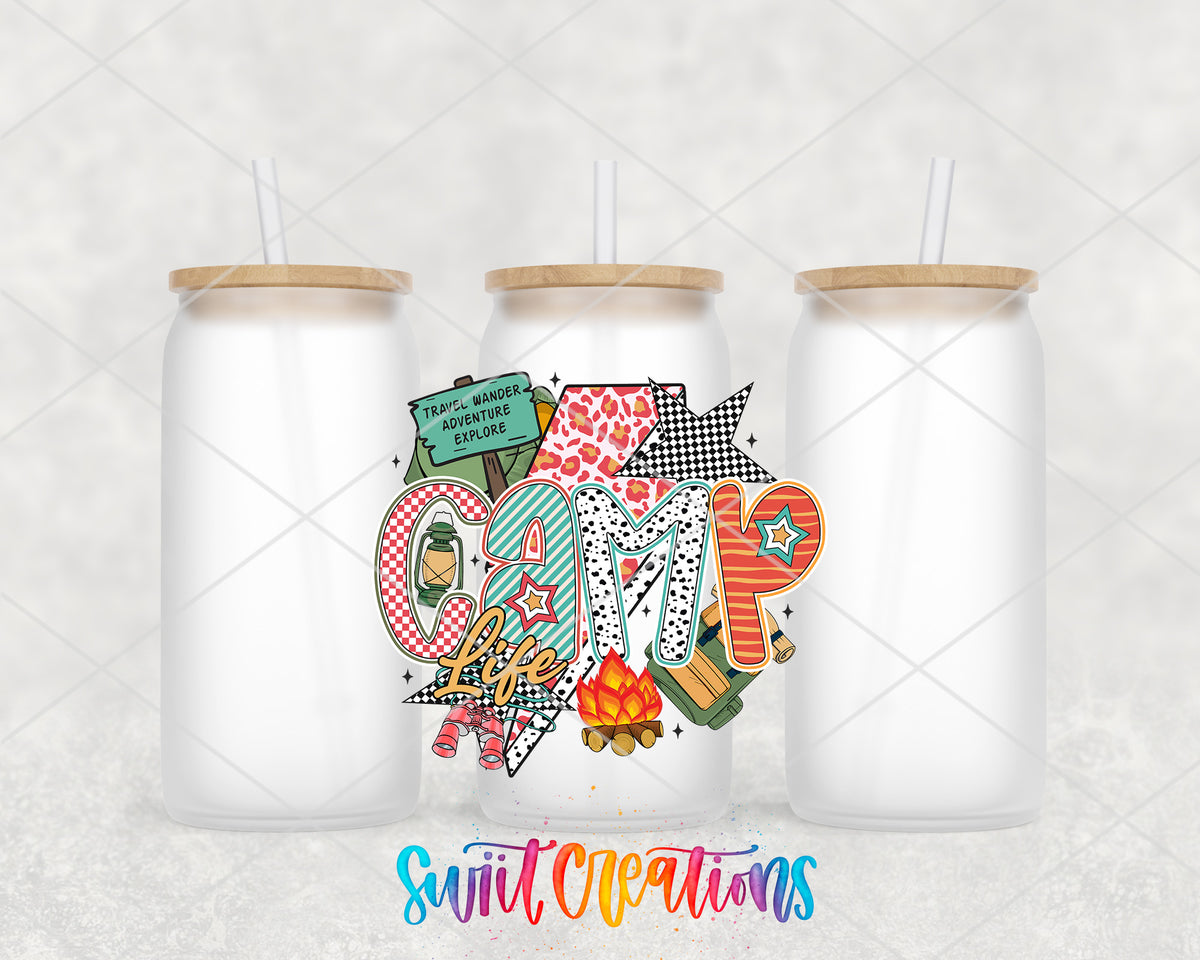 Camp Life frosted glass tumbler group view with lids and straws