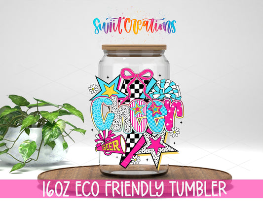 Cheer design on a 16 oz clear glass tumbler with bamboo lid