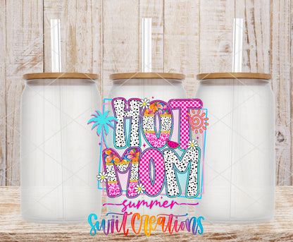 Hot Mom Summer frosted glass tumbler mockup with bamboo lids and straws