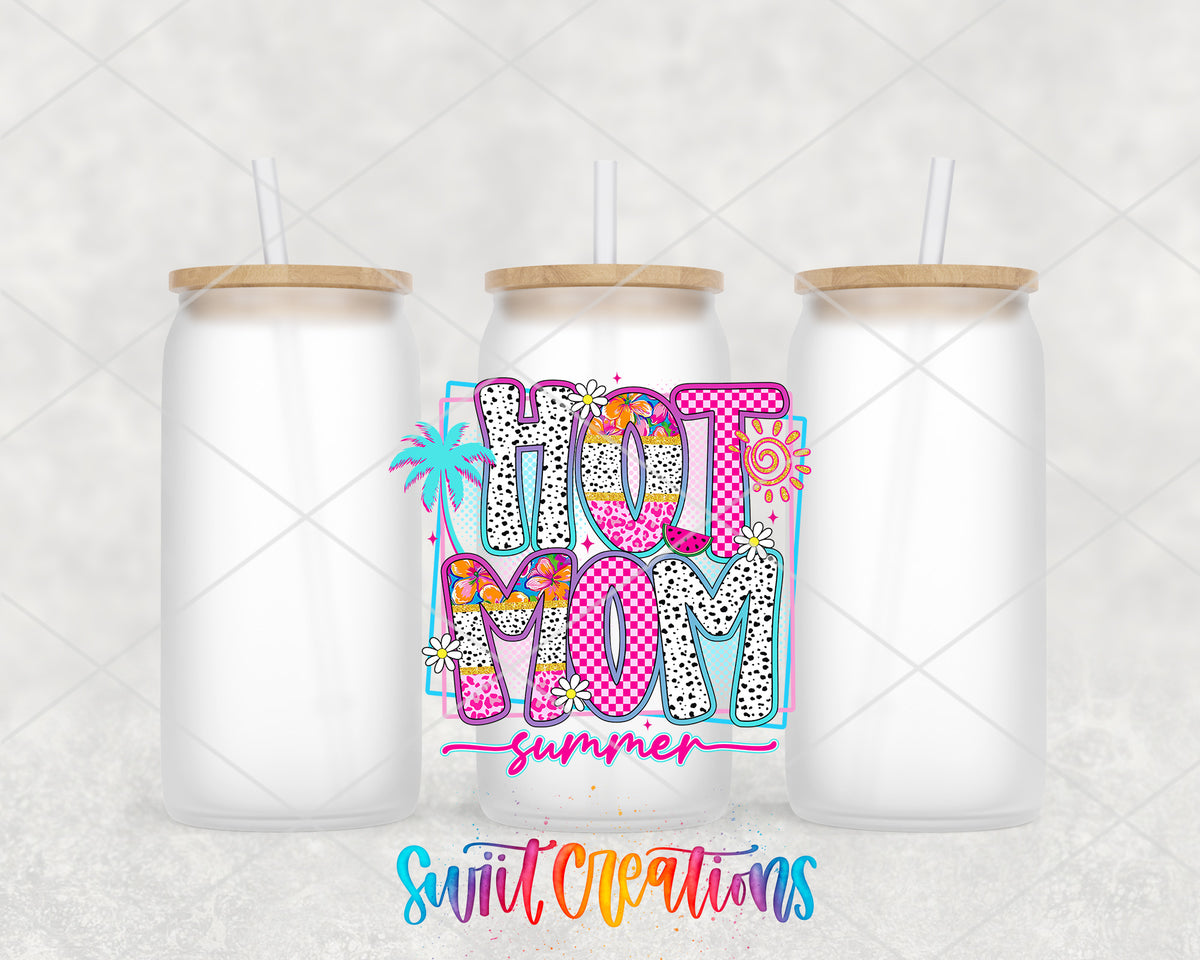 Hot Mom Summer frosted glass tumbler group view with lids and straws