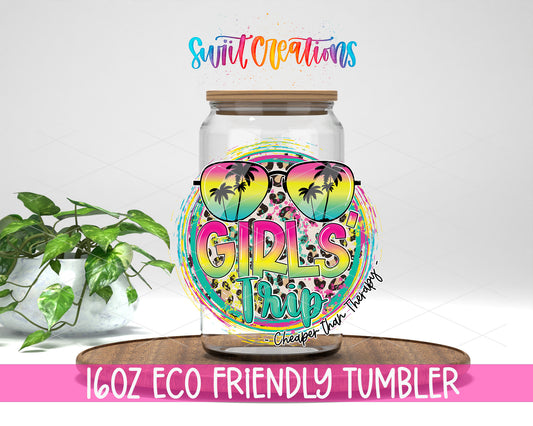 Girls Trip design on a 16 oz clear glass tumbler with bamboo lid