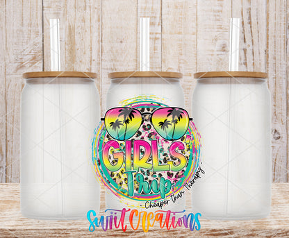 Girls Trip frosted glass tumbler mockup with bamboo lids and straws