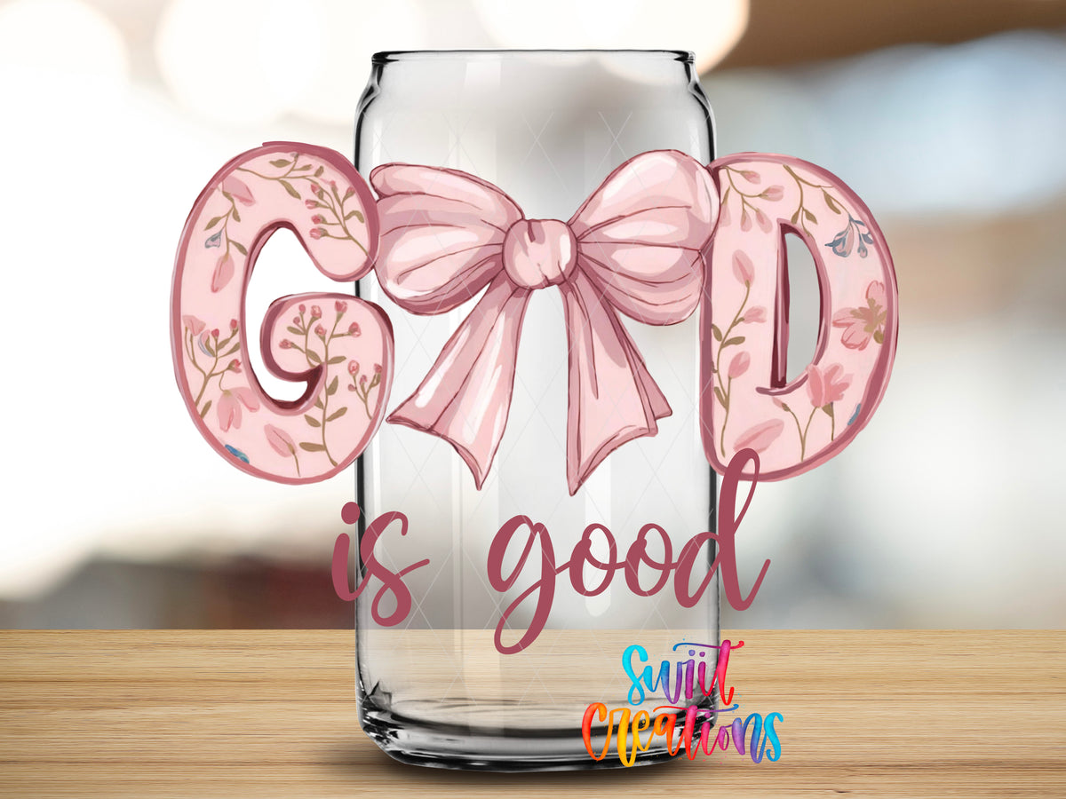 God Is Good design close-up on a clear glass can tumbler