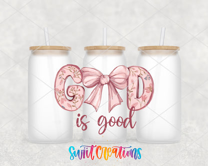 God Is Good frosted glass tumbler group view with lids and straws