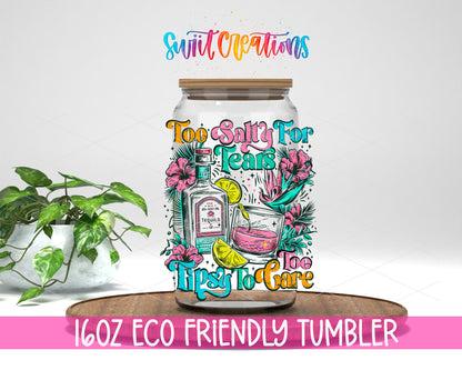Too Salty to Care design on a 16 oz clear glass tumbler with bamboo lid