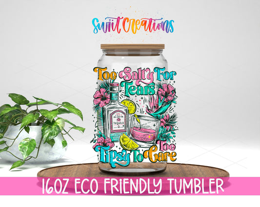 Too Salty to Care design on a 16 oz clear glass tumbler with bamboo lid