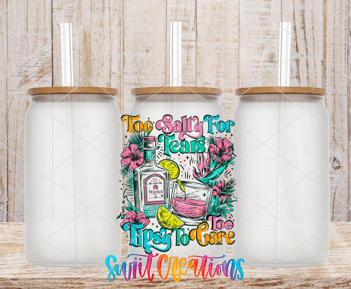 Too Salty to Care frosted glass tumbler mockup with bamboo lids and straws