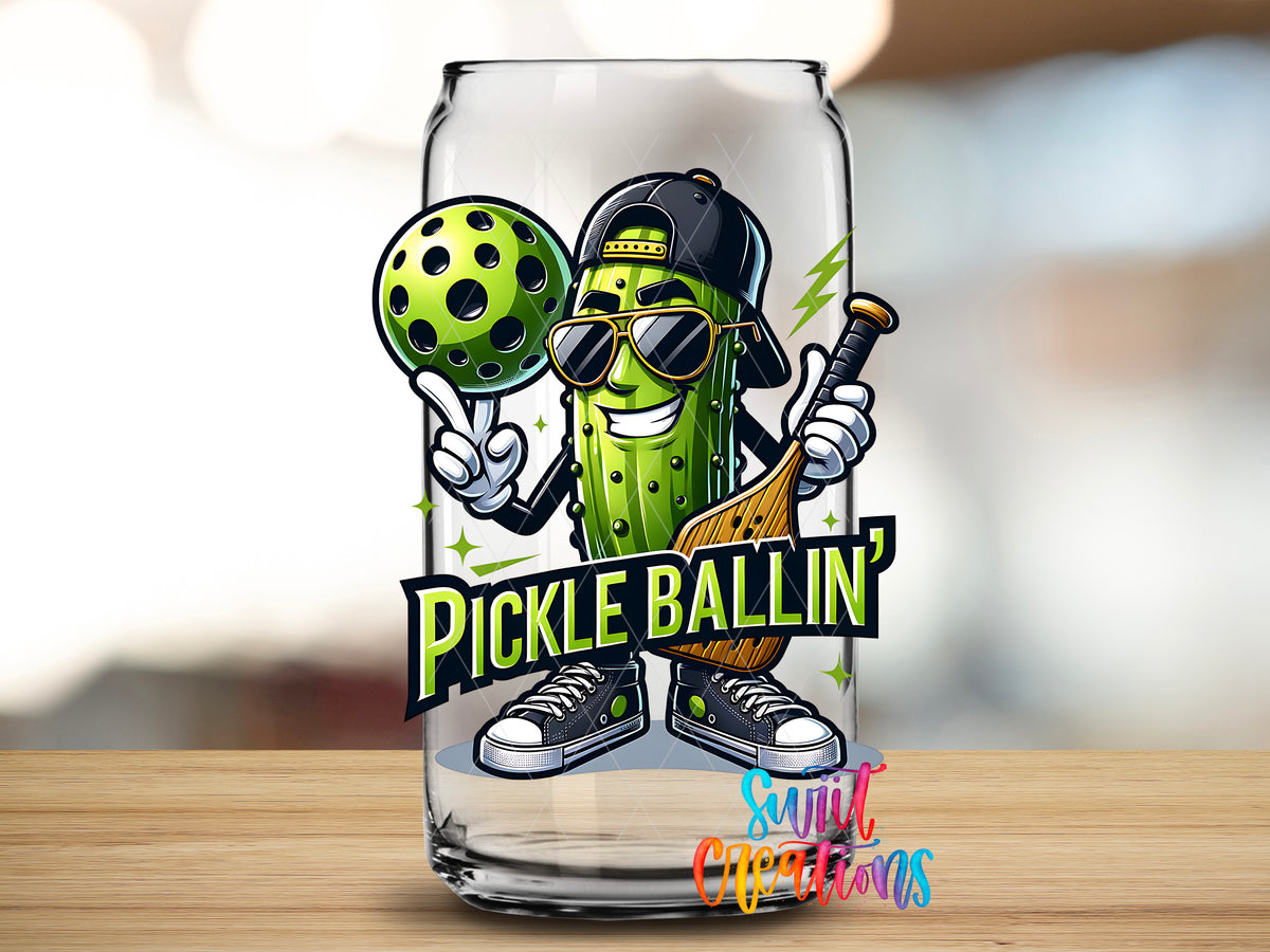Pickle Ballin design close-up on a clear glass can tumbler