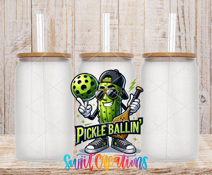 Pickle Ballin frosted glass tumbler mockup with bamboo lids and straws