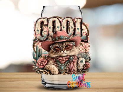 Western Glam Cool Cat design close-up on a clear glass can tumbler