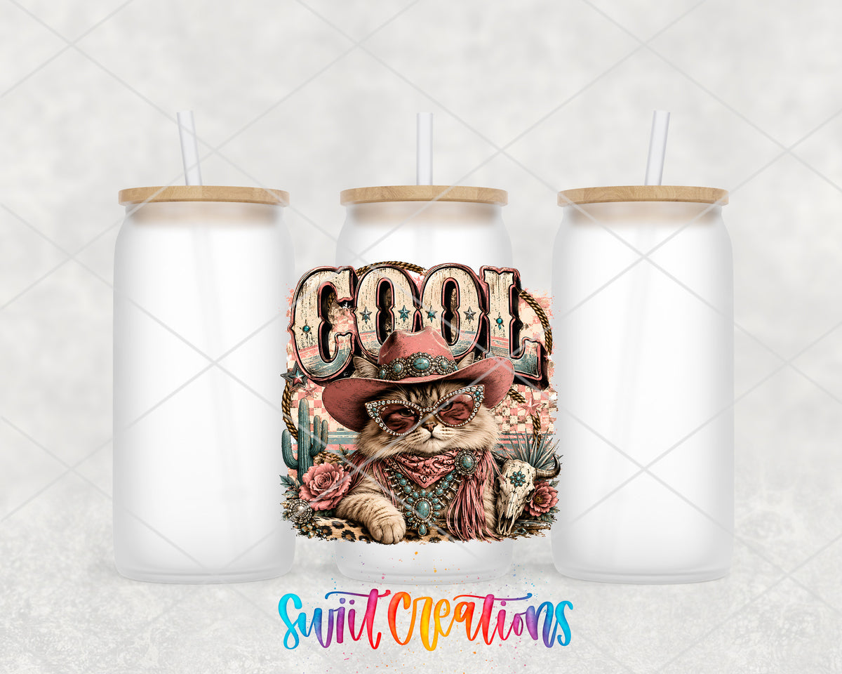 Western Glam Cool Cat frosted glass tumbler group view with lids and straws