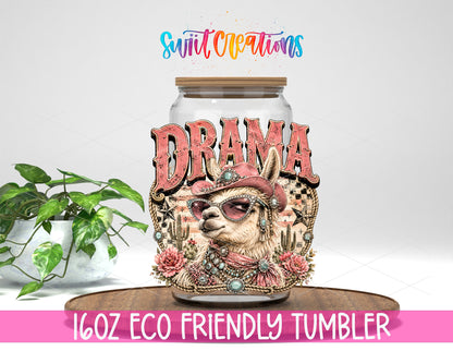 Western Glam Drama Llama design on a 16 oz clear glass tumbler with bamboo lid