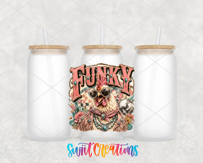Western Glam Funky Chicken frosted glass tumbler group view with lids and straws