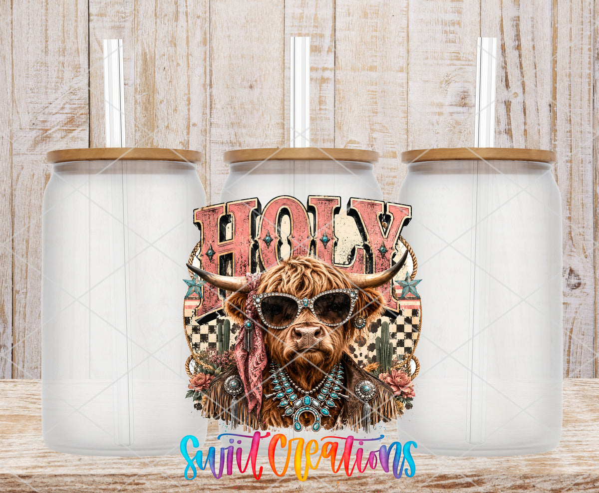 Western Glam Holy Cow frosted glass tumbler mockup with bamboo lids and straws