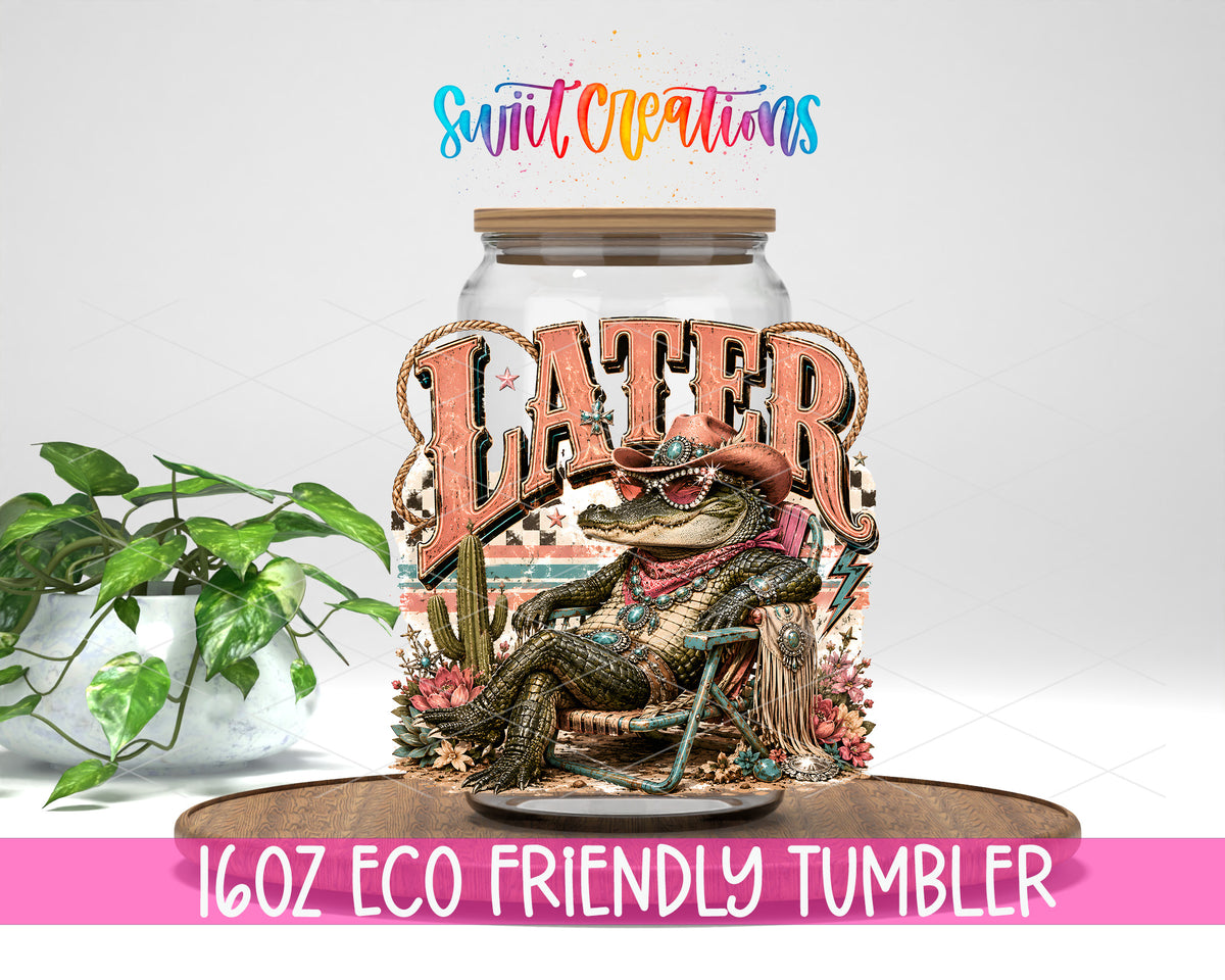 Western Glam Later Gator design on a 16 oz clear glass tumbler with bamboo lid