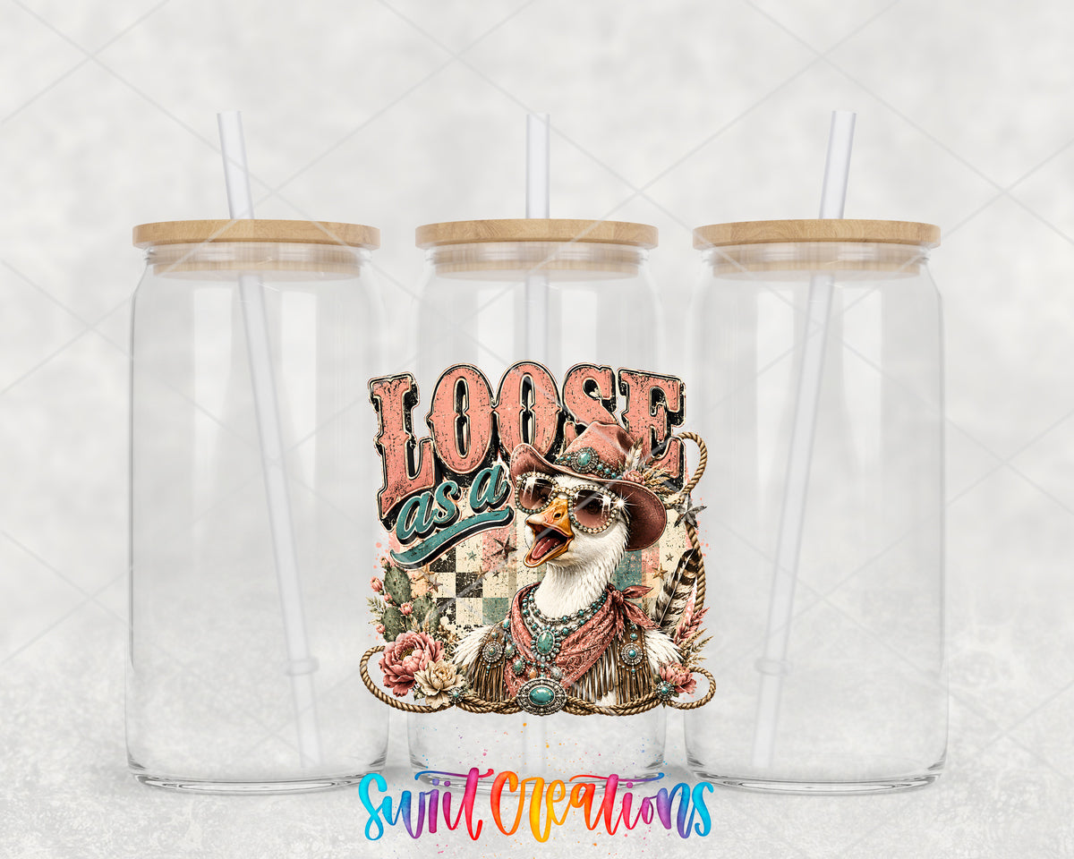 Western Glam Loose as a Goose clear glass tumbler group mockup with bamboo lids and straws