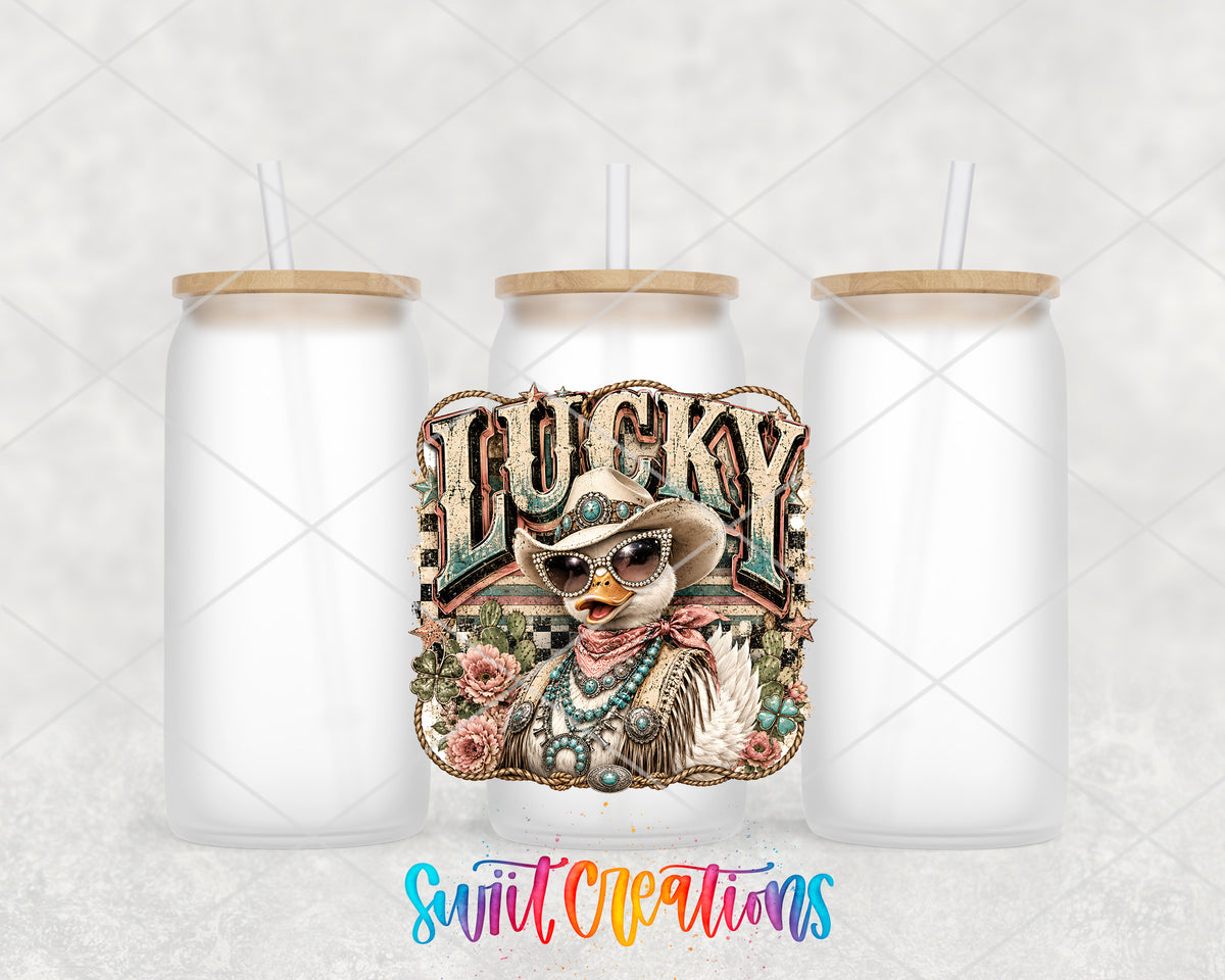 Western Glam Lucky Duck frosted glass tumbler group view with lids and straws