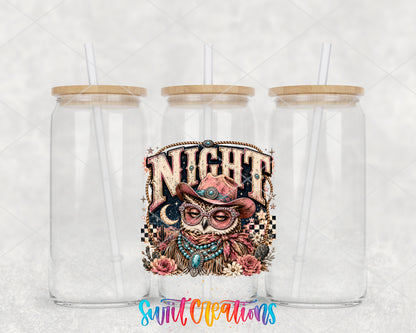 Western Glam Night Owl clear glass tumbler group mockup with bamboo lids and straws