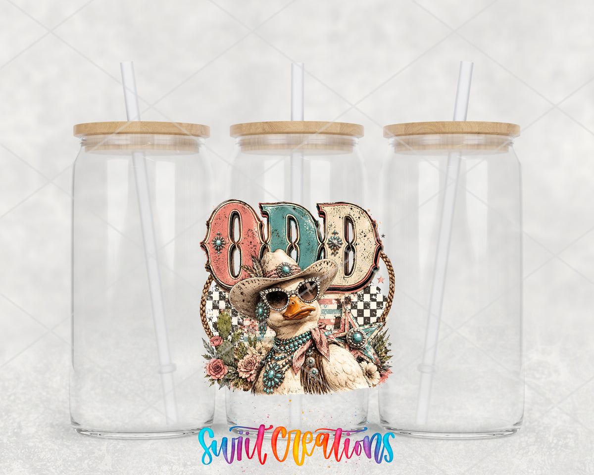Western Glam Odd Duck clear glass tumbler group mockup with bamboo lids and straws