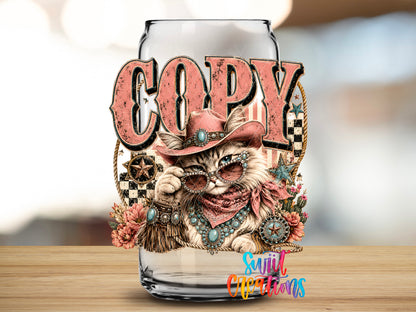 Western Glam Copy Cat design close-up on a clear glass can tumbler
