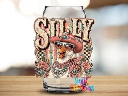 Western Glam Silly Goose design close-up on a clear glass can tumbler