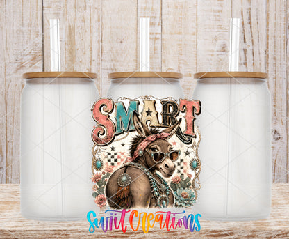 Western Glam Smart Ass frosted glass tumbler mockup with bamboo lids and straws