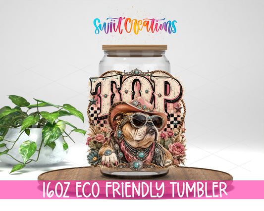 Western Glam Top Dog design on a 16 oz clear glass tumbler with bamboo lid