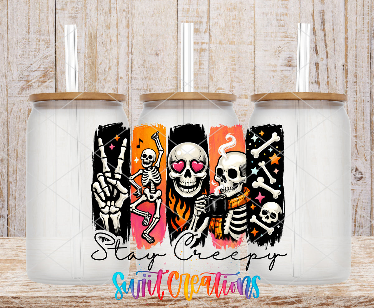 Stay Creepy frosted glass tumbler mockup with bamboo lids and straws