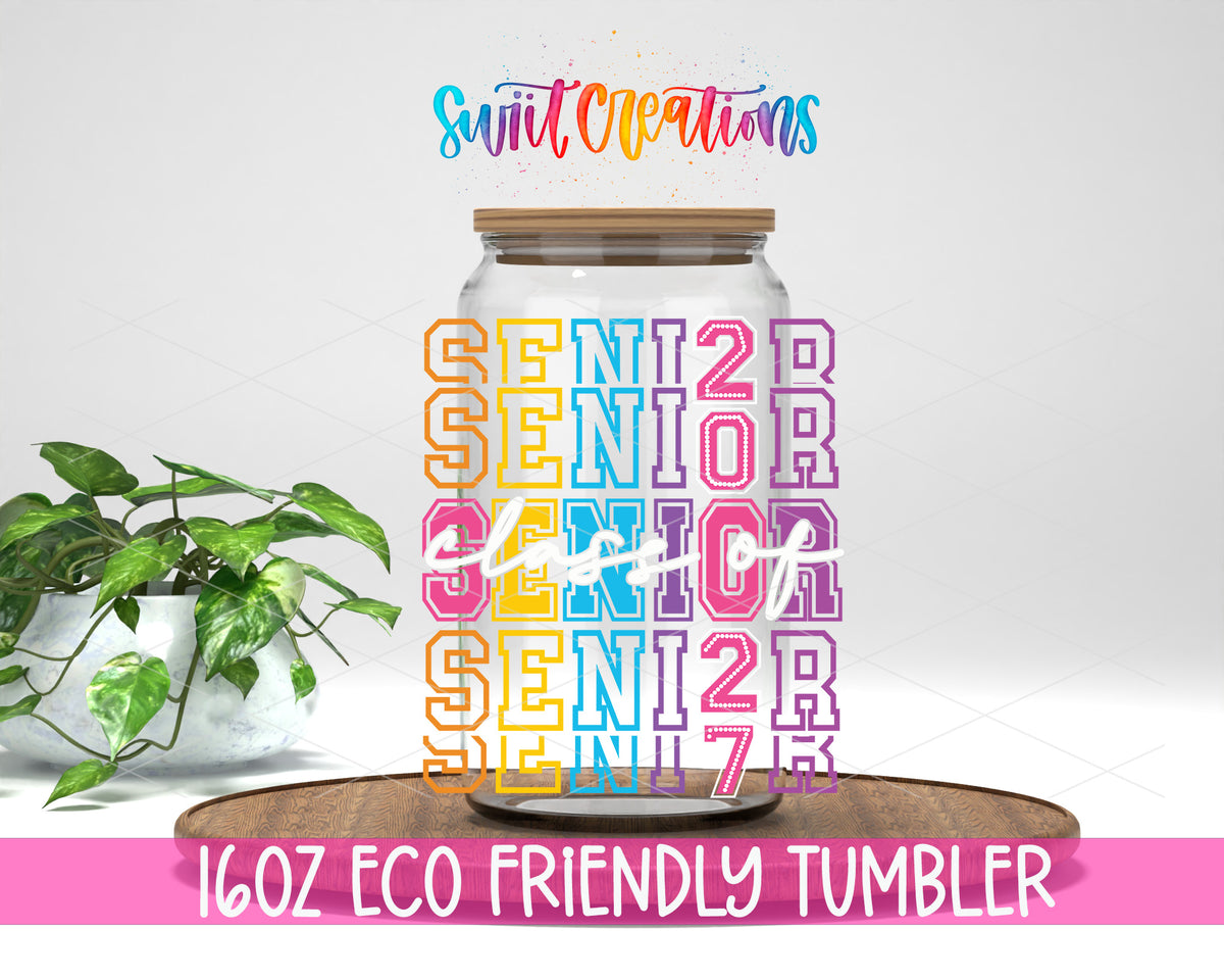 Senior 2027 design on a 16 oz clear glass tumbler with bamboo lid
